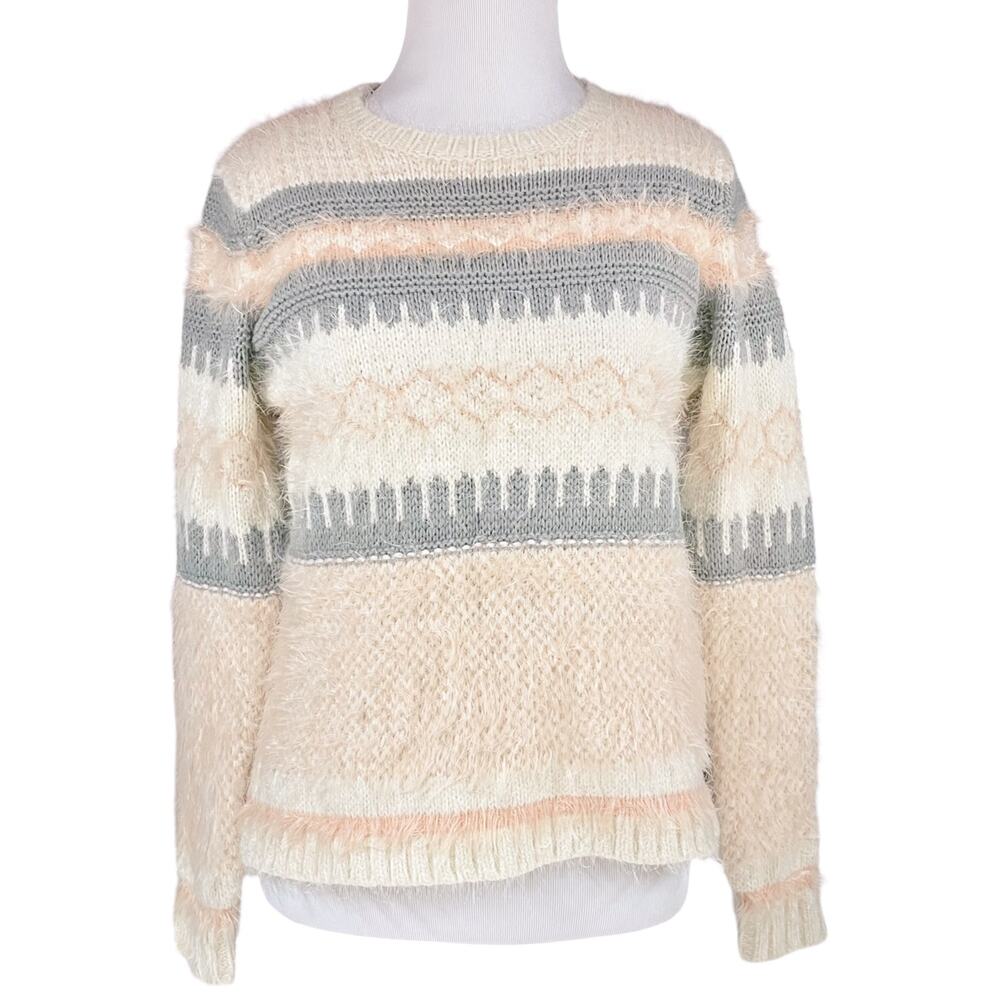 XXI FOREVER 21 Vintage Y2K Fuzzy Eyelash Fair Isle Sweater Pink Gray Cream Sz S